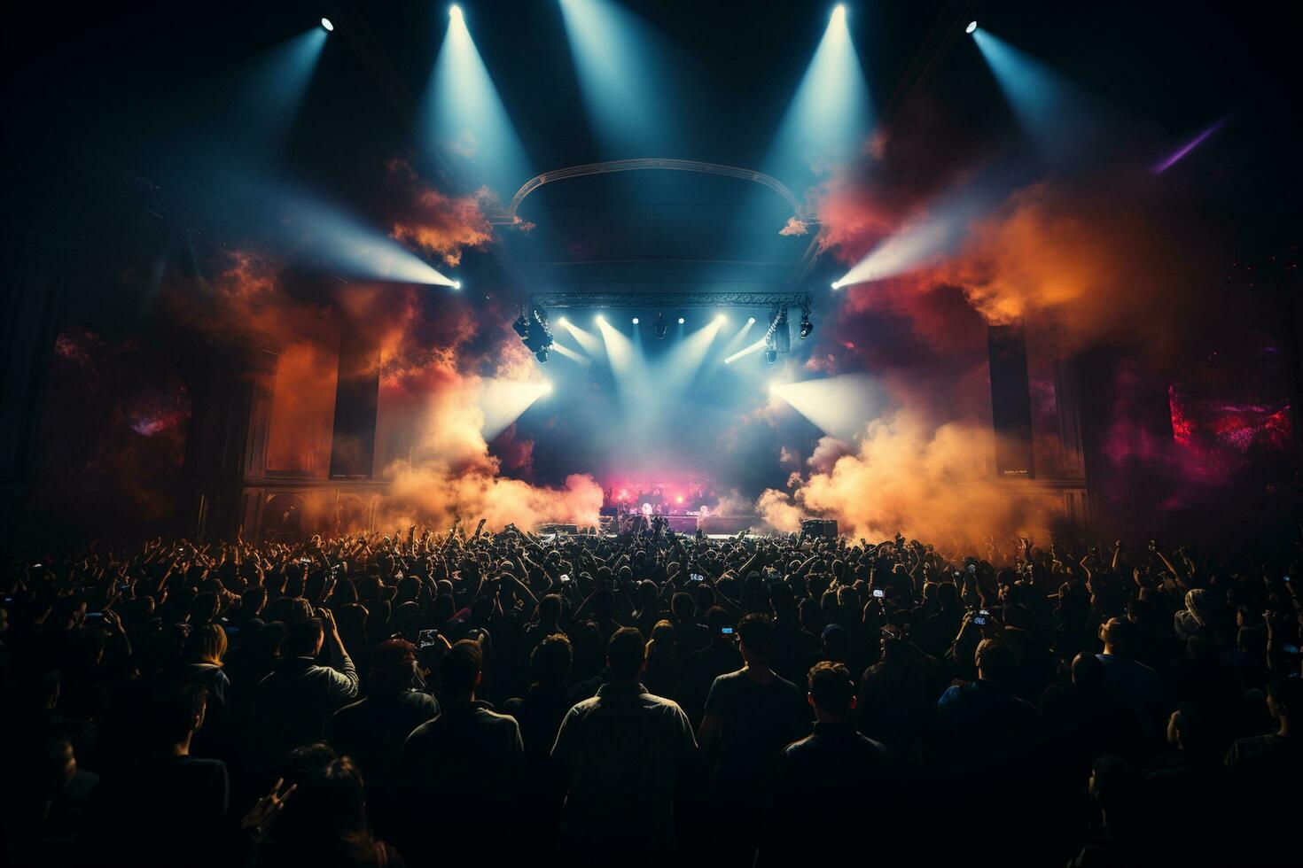 Ai generative Crowded Concert Stage Scenery With Spotlights and Colored Lights realistic image, ultra hd photo