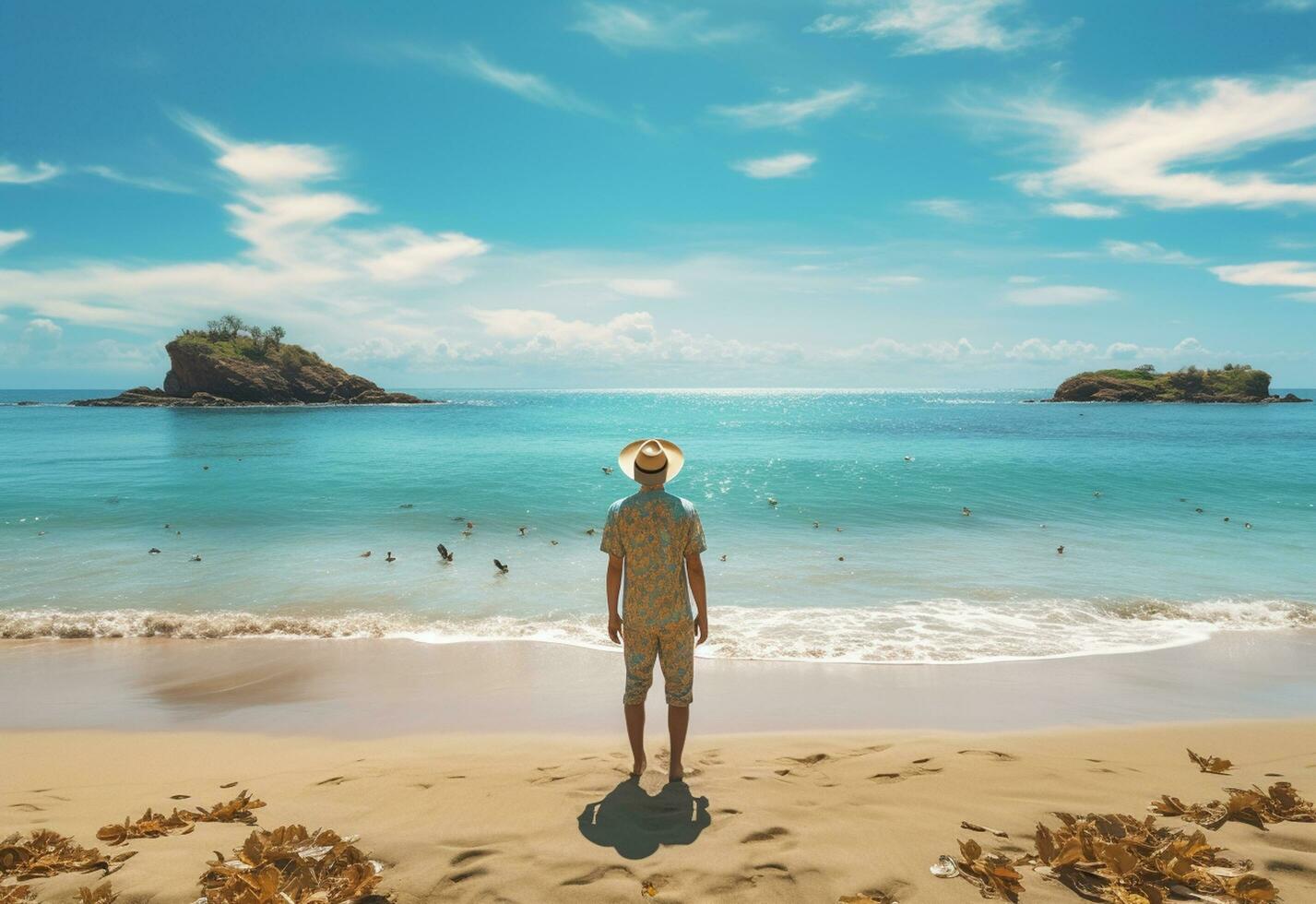 Ai generative back view young tourist man in summer dress and hat standing on beautiful sandy beach. enjoying. photo