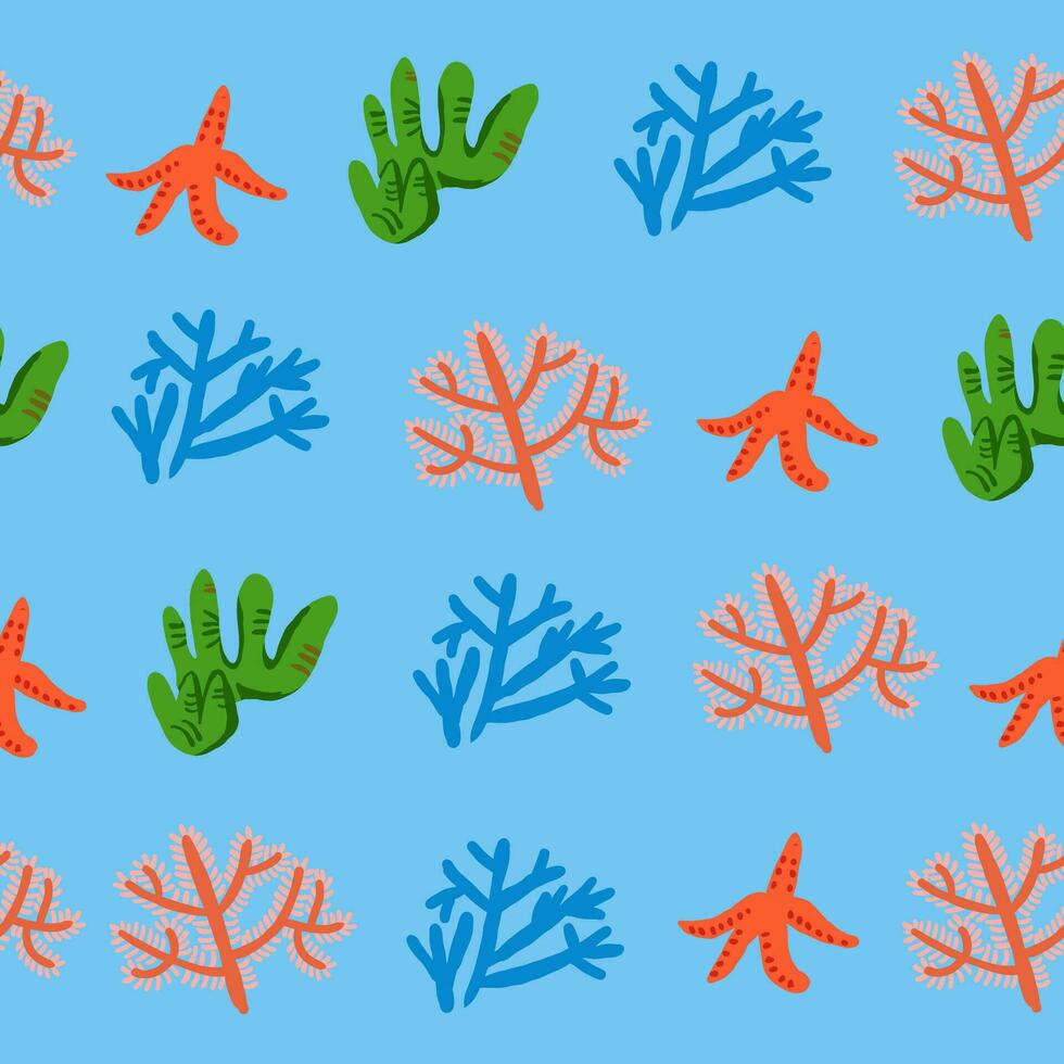 Cute vector colorful seamless pattern with red corals on blue background. Coral reef, shells, star fish.