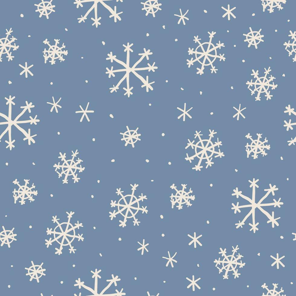 Vector seamless pattern with cartoon hand drawn snowflakes on blue background. Christmas snow pattern