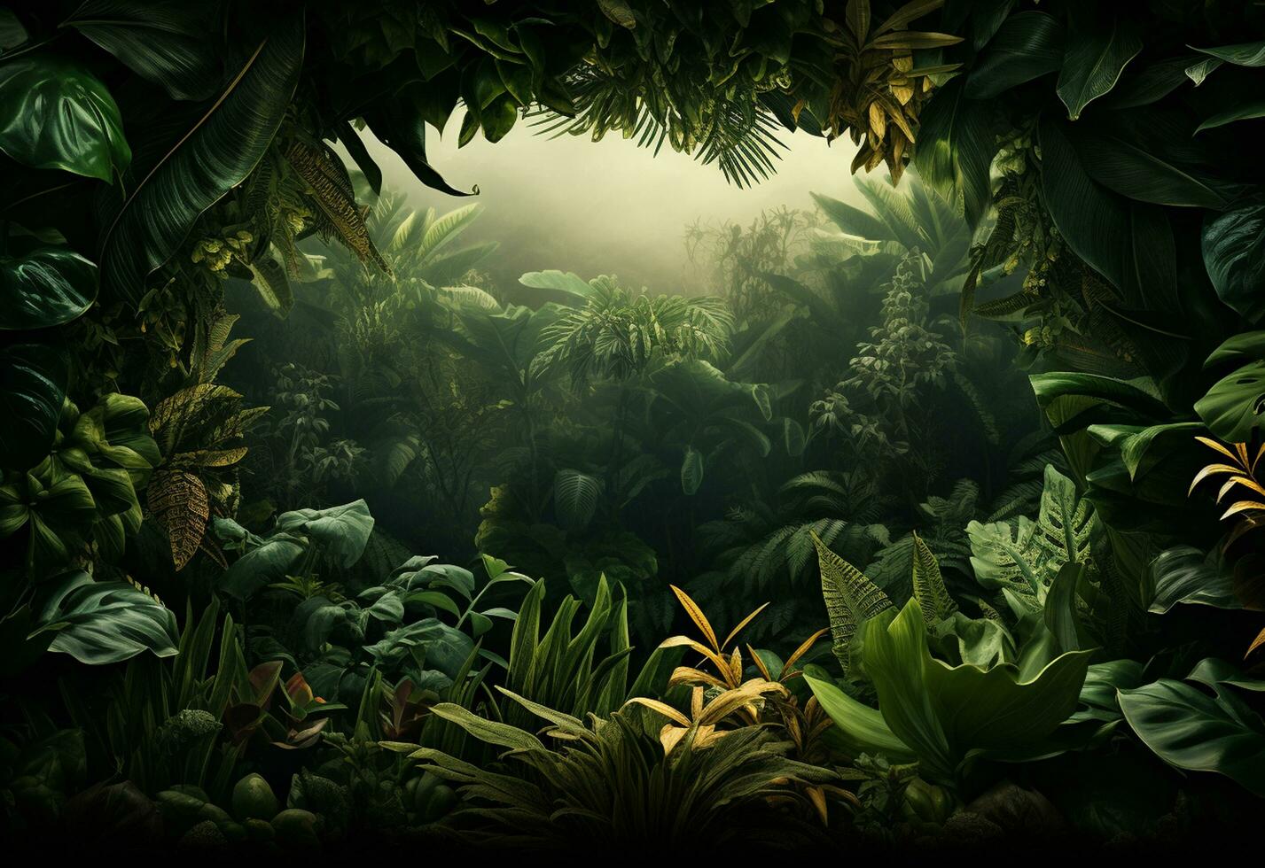 Ai Generative Beautiful jungle background with border made of tropical leaves backdrop with copy space photo