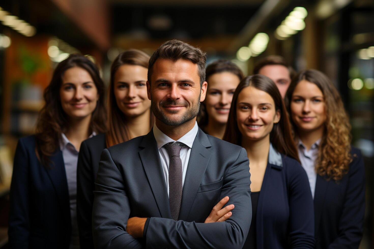 Ai Generative group of happy business man and business women, dressed in suits are smiling, in the office photo