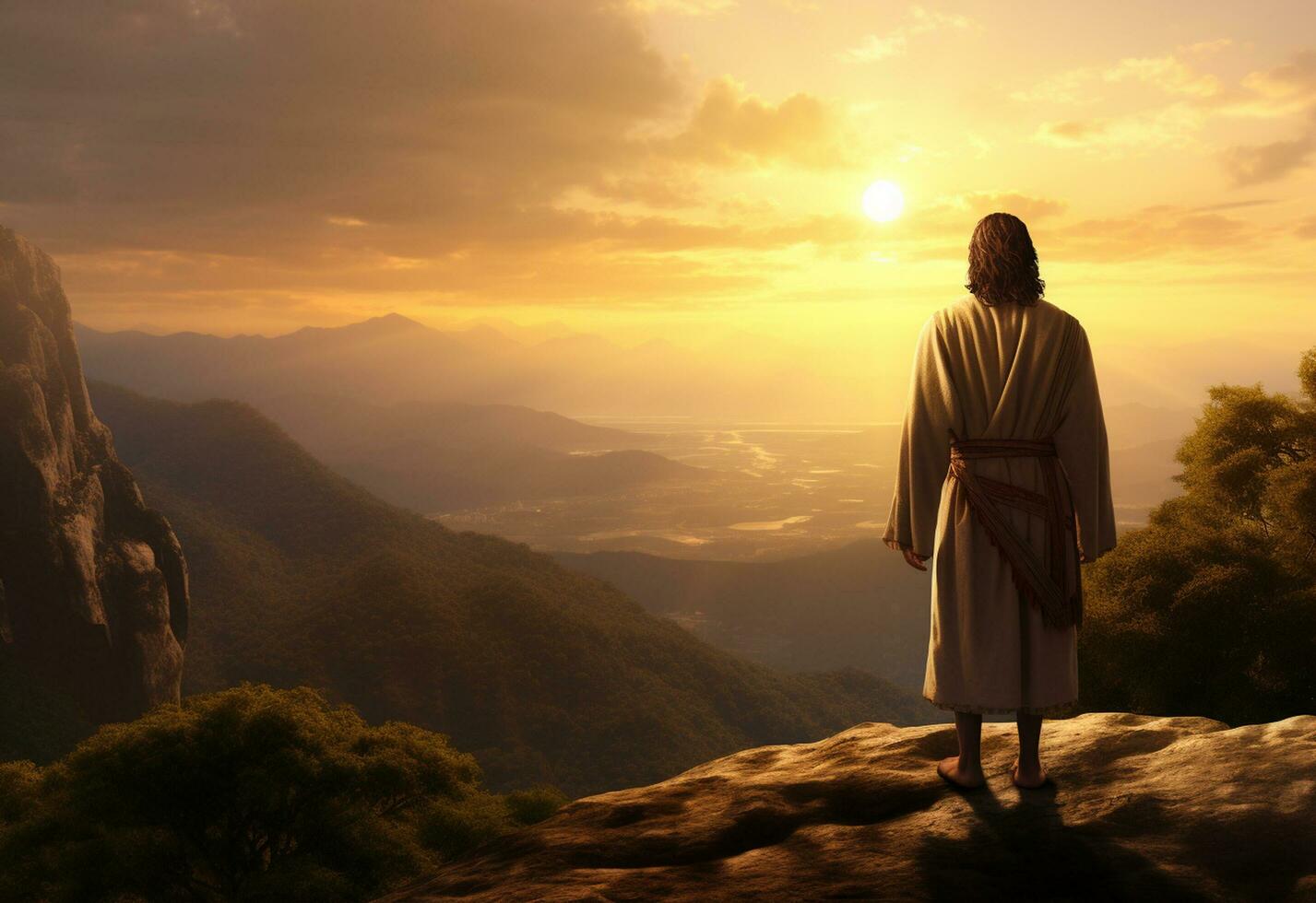 Ai generative Jesus Christ in the Hills at Sunset in Bolta realistic image, ultra hd, high design very detailed 8K photo