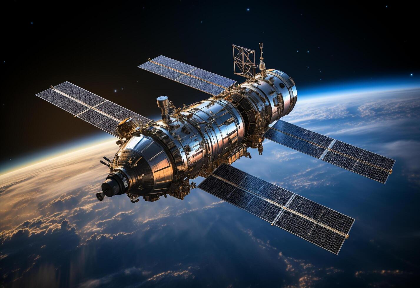 modern satellite spacecraft orbiting the Earth. The satellite tracks the Earth. Space technology realistic image photo