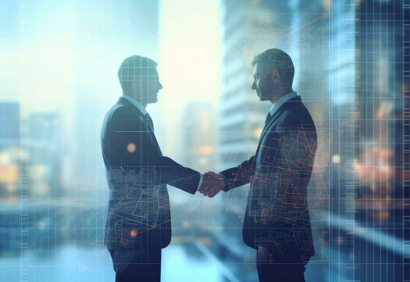 Ai generative photo american business male people shaking hands skyscrapers in the background