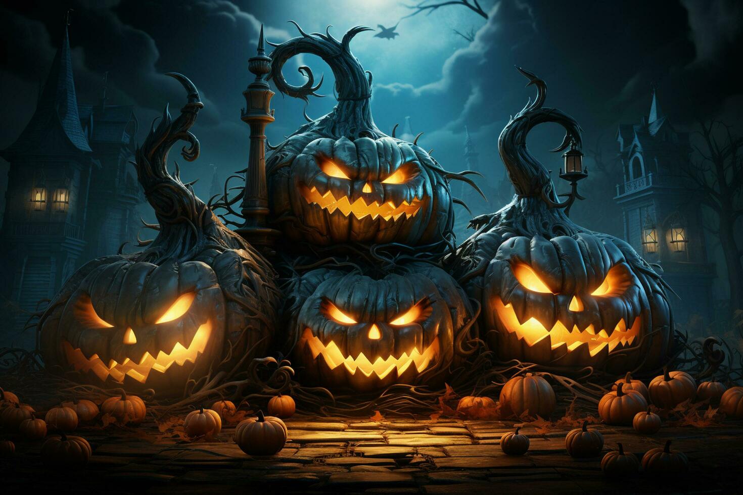 Halloween background with pumpkins and haunted house - 3D render. Halloween background photo