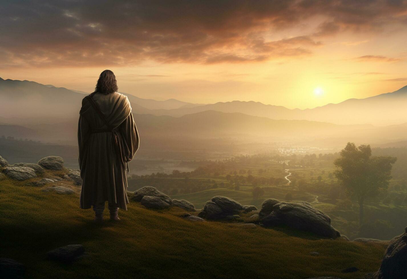 Ai generative Jesus Christ in the Hills at Sunset in Bolta realistic image, ultra hd, high design very detailed 8K photo