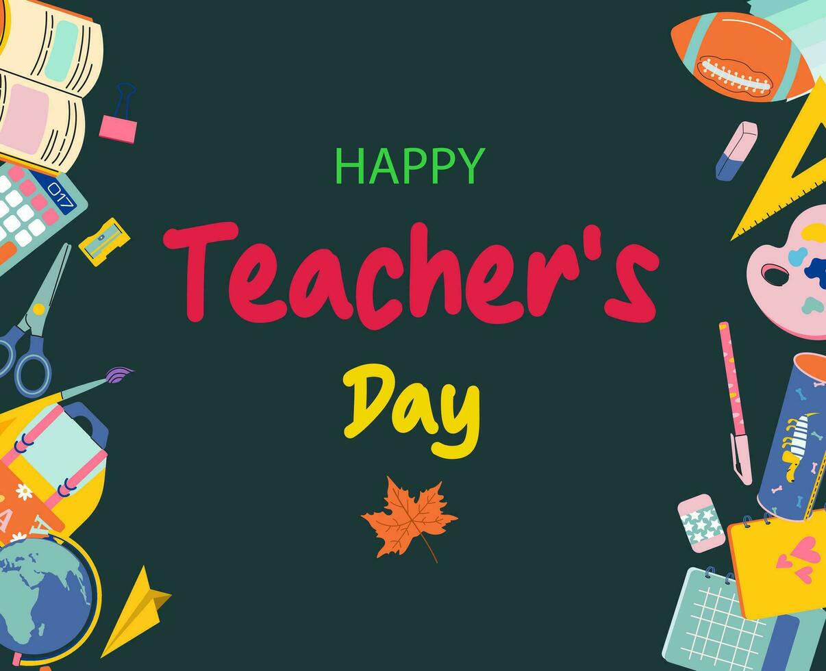 Happy Teacher's Day vector Illustration with school equipment. Set of objects on a dark background for the Teacher's Day holiday.