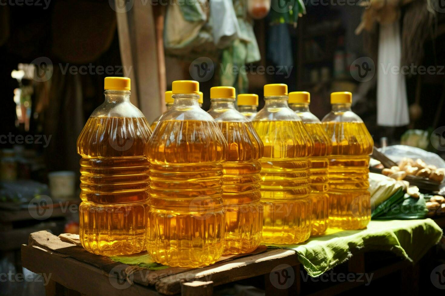 a el bullicioso calle mercado, vegetal petróleo es un buscado después mercancía para rebaja ai generado foto