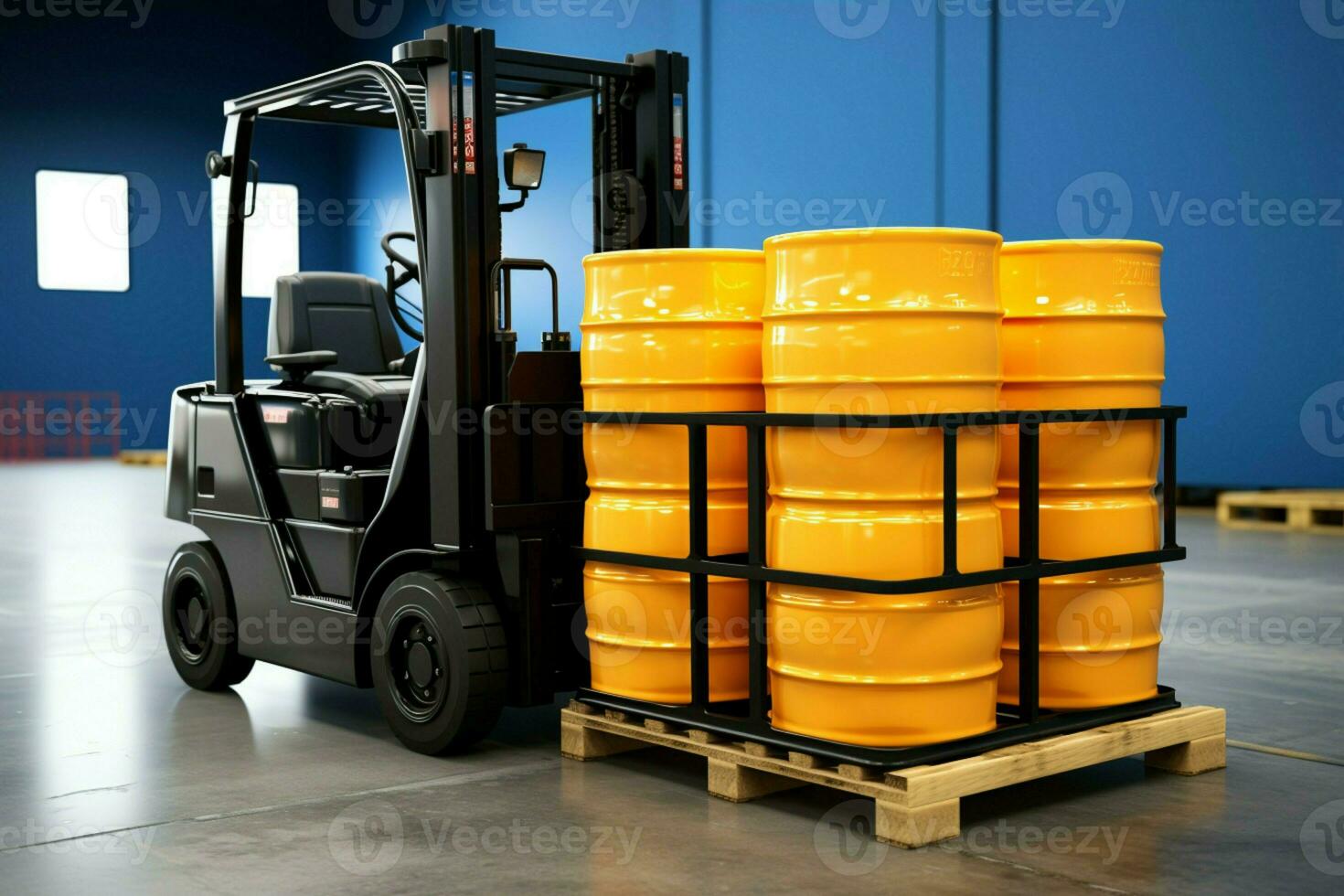 Barrel elevation Forklift truck effortlessly raises oil barrels in industrial operation AI Generated photo