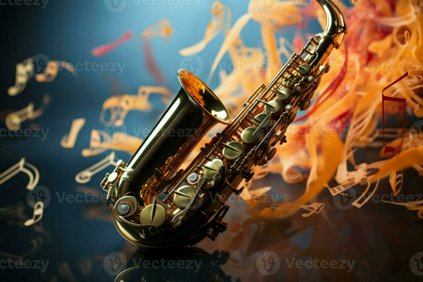 saxofones destello con dorado melodías en medio de un vibrante mar de musical notas ai generado foto