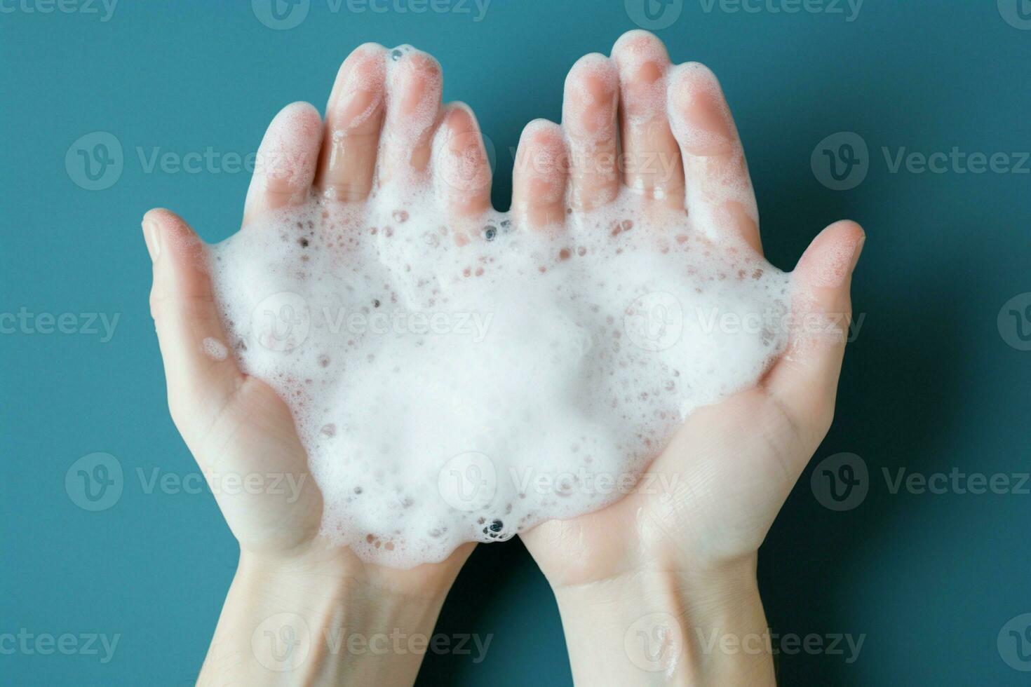 Top view of hands enveloped in cleansing foam, promoting cleanliness and health AI Generated photo