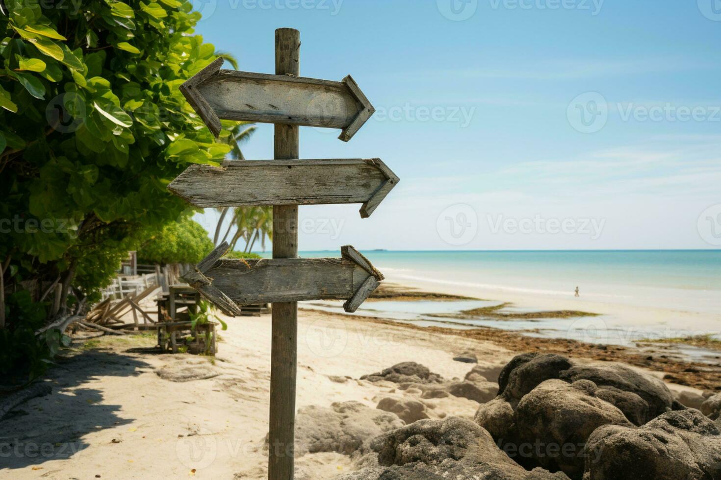 Guided by nature Arrow sign on beach with lush green plant AI Generated photo