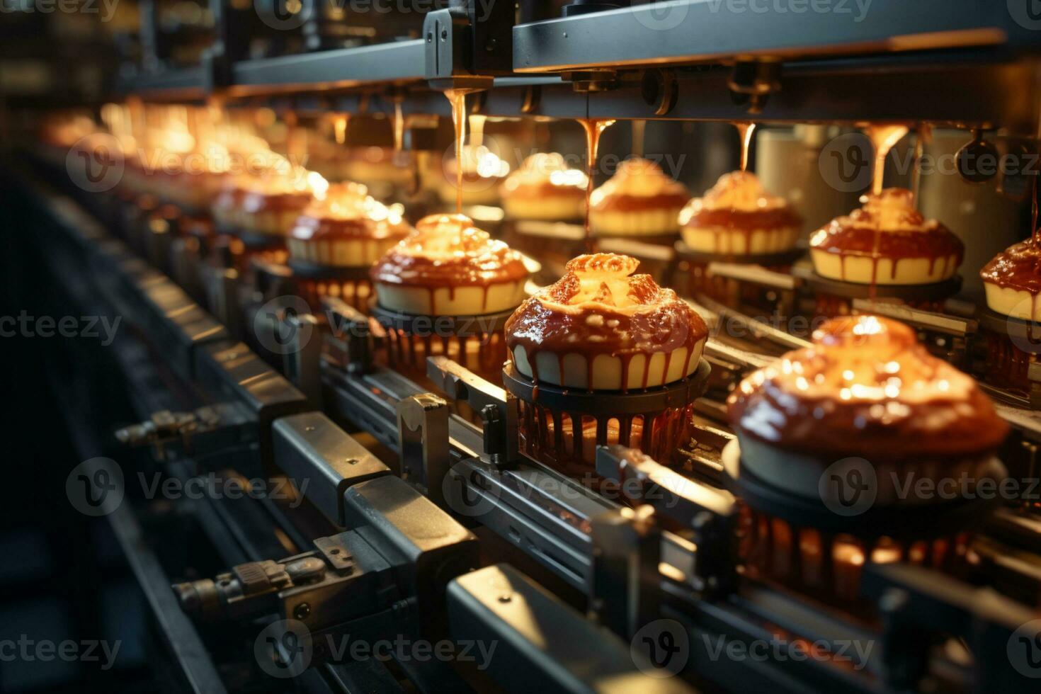 Factory hums as cakes progress on the conveyor line  AI Generated photo