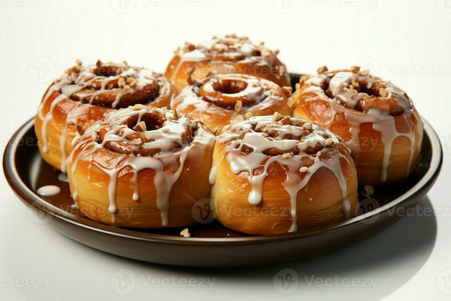 Freshly baked cinnamon rolls resting elegantly on a spotless white background AI Generated photo