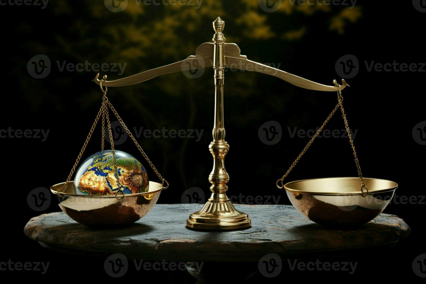 A two pan balance harmonizes Earth and money, symbolizing financial equilibrium AI Generated photo