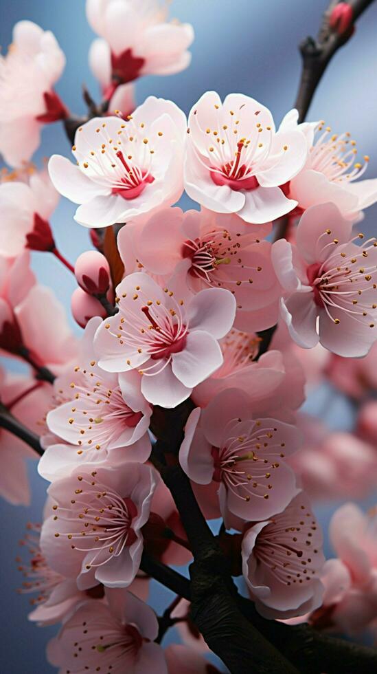 Pastel pink cherry blossoms bloom in a spring breeze. Vertical Mobile Wallpaper AI Generated photo