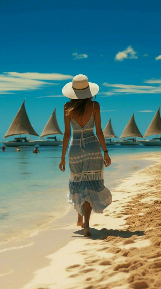 lujoso caribe escapar, mujer camina en Perfecto playa, verano fiesta sueño vertical móvil fondo de pantalla ai generado foto