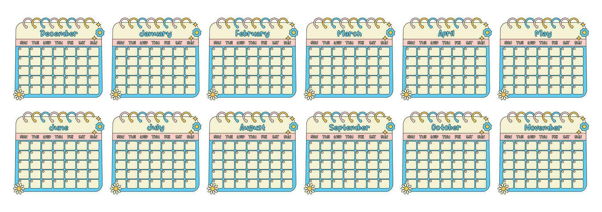 Kawaii monthly calendars template set. vector