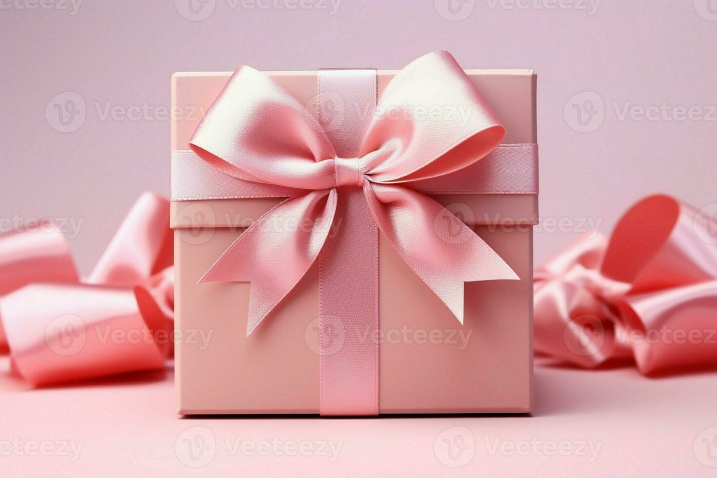 Delicate charm Open gift box, pink bow on pastel pink background. AI Generated photo