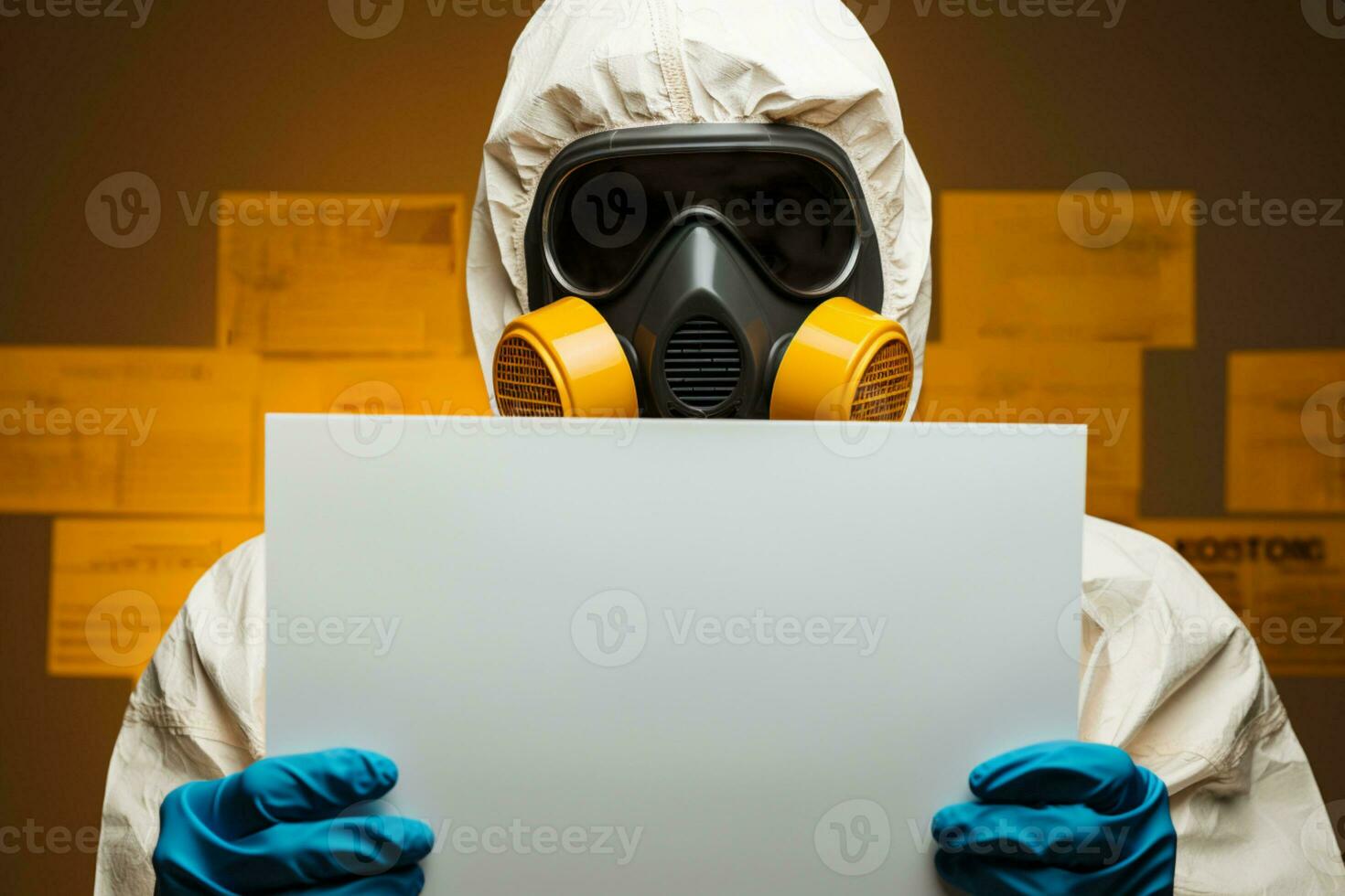 Man in hazmat suit holding sign, ready for personalized message or caution. AI Generated photo