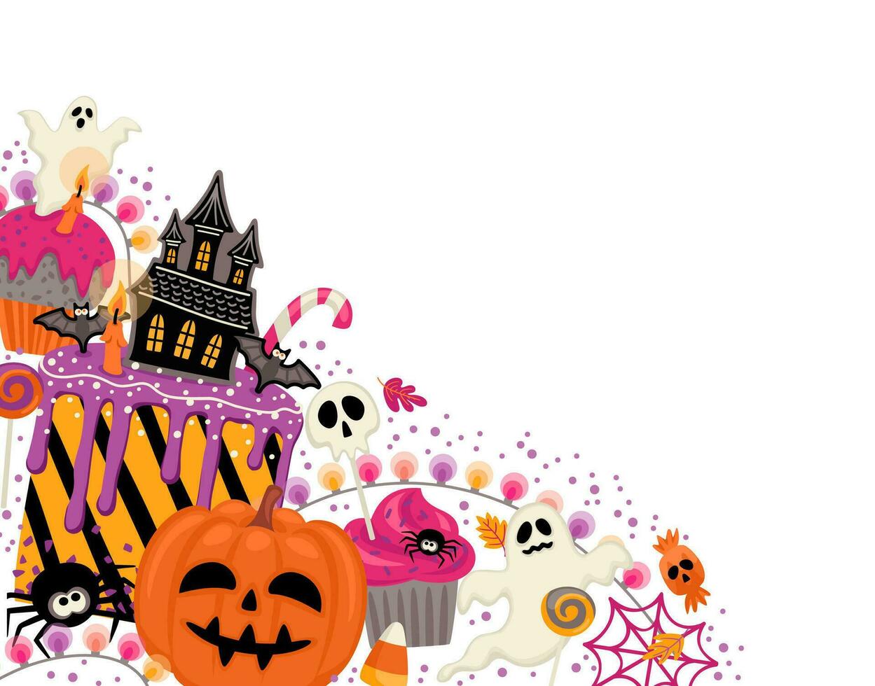 Halloween illustration. Decorated cupcakes, muffins, pastries, sweets candies. Vector template for banner, card, poster, web and other use