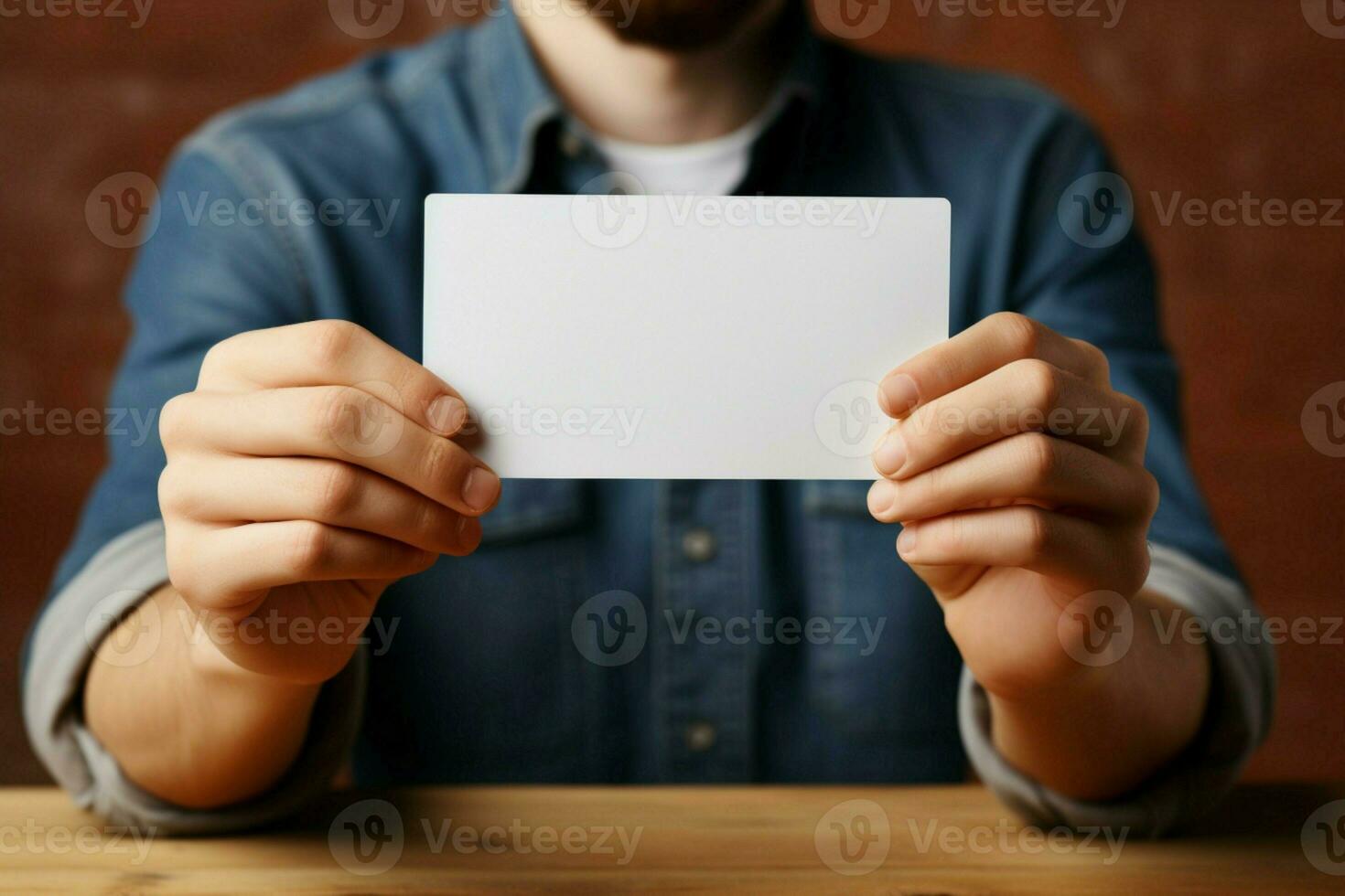 Advertise here  Young man's hands grasp blank card, inviting text or promotional content. AI Generated photo