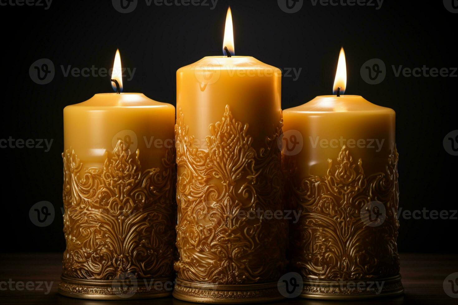 Trio of flickering candles standing alone against a black backdrop AI Generated photo