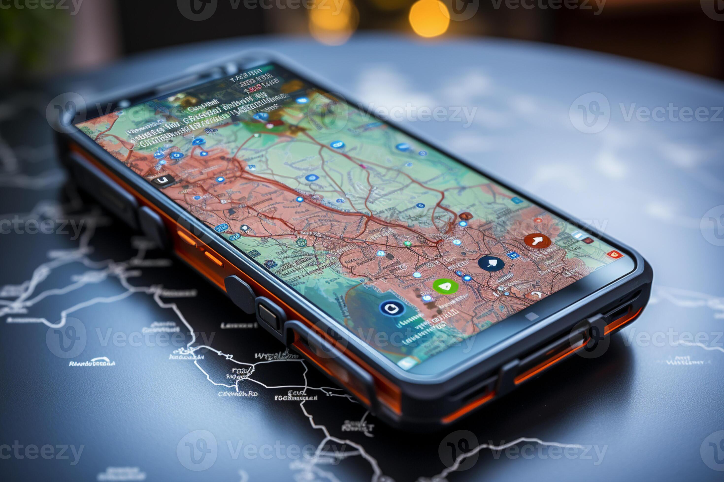 Digital mapping tool, smartphone displays GPS navigator on dynamic map AI Generated 29323309