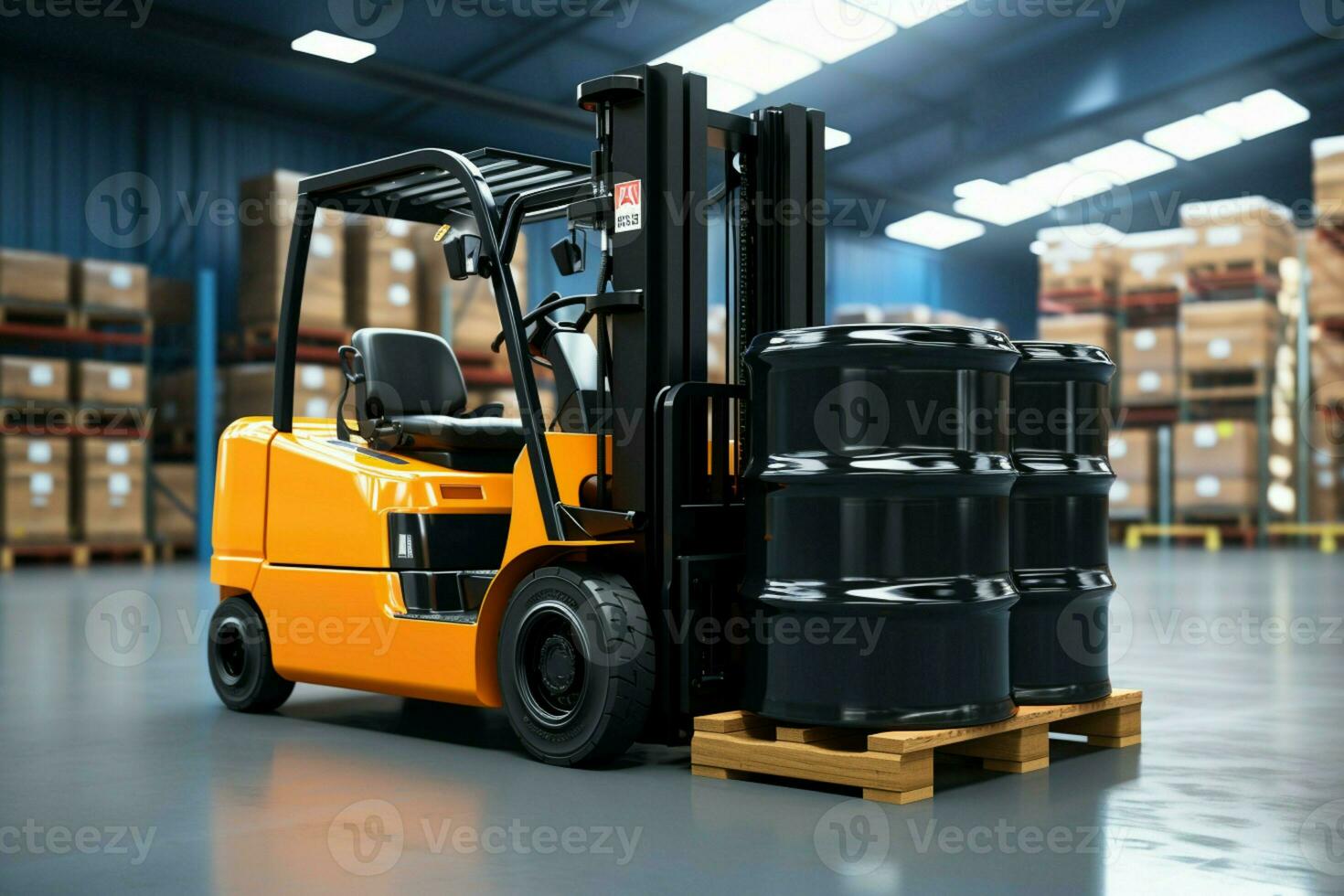 Forklift elevates oil barrels with precision and efficiency in industrial setting AI Generated photo