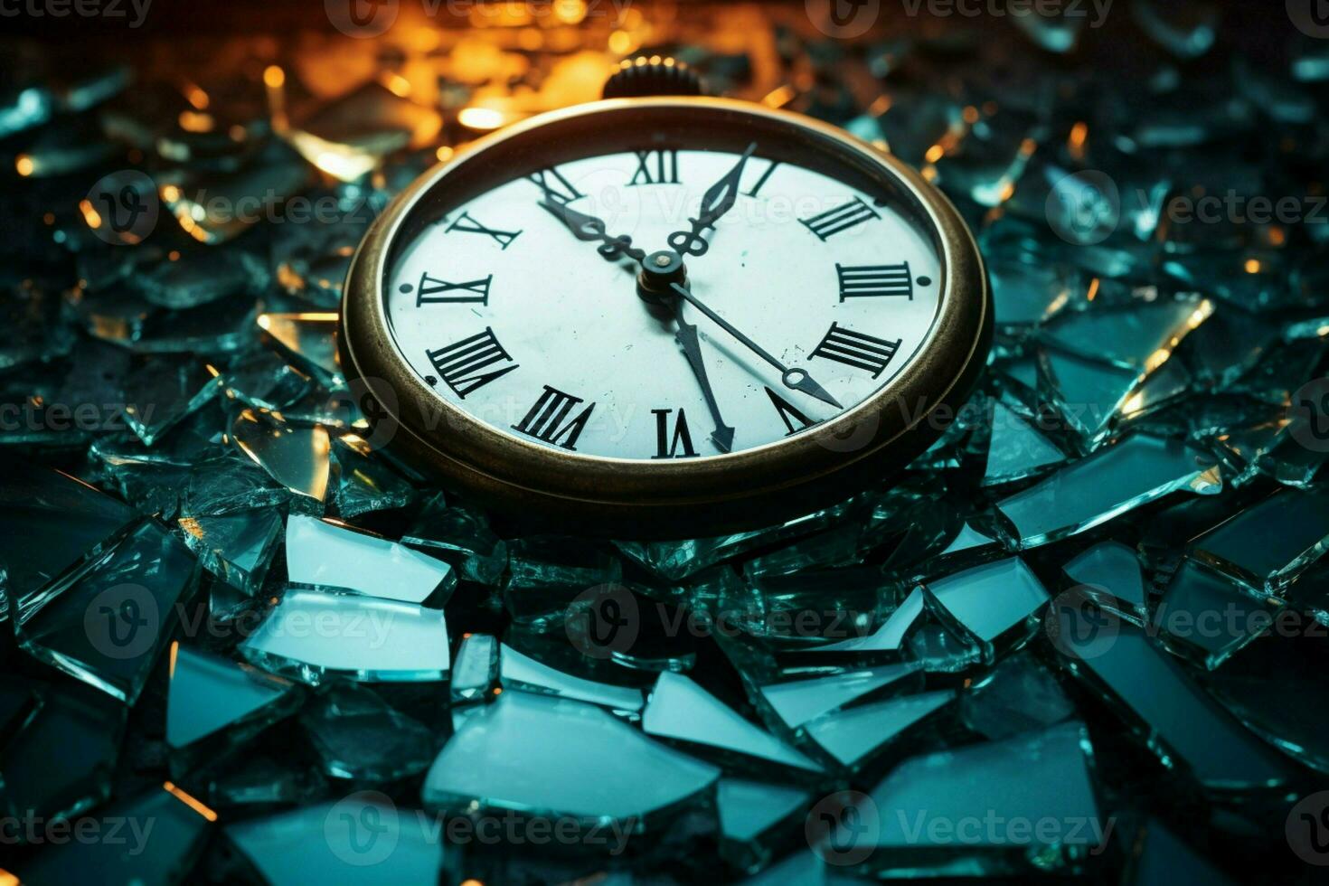 Resting atop broken glass, a shattered clock symbolizes halted time's fragments. AI Generated photo