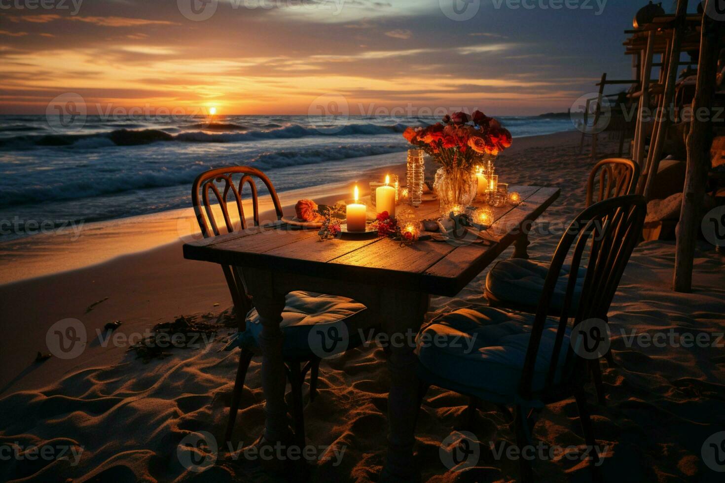 Romantic beach dinner at sunset, leaving room for your special message AI Generated photo