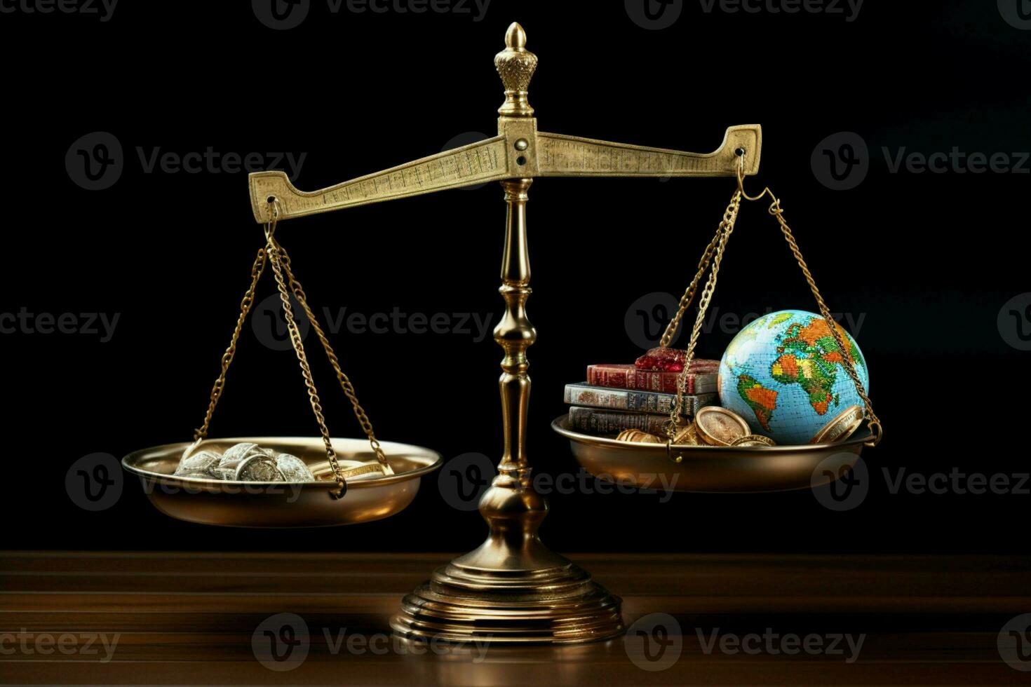 Symbolic balance Earth and currency portrayed on a two pan measuring scale AI Generated photo