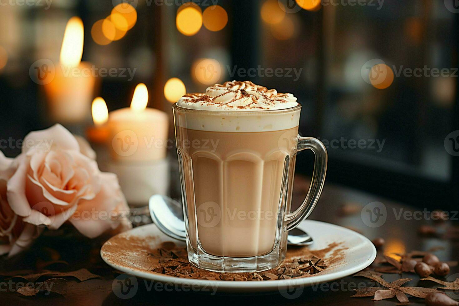 Cozy cafe ambiance with coffee, milk, and foam against a bokeh background. AI Generated photo