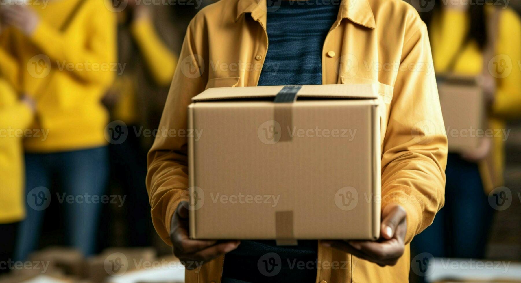 Community support  Close up of volunteer holding box signifies local outreach and contribution. AI Generated photo