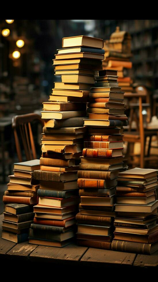 Bookstore charm A neat stack of books invites exploration and wonder Vertical Mobile Wallpaper AI Generated photo