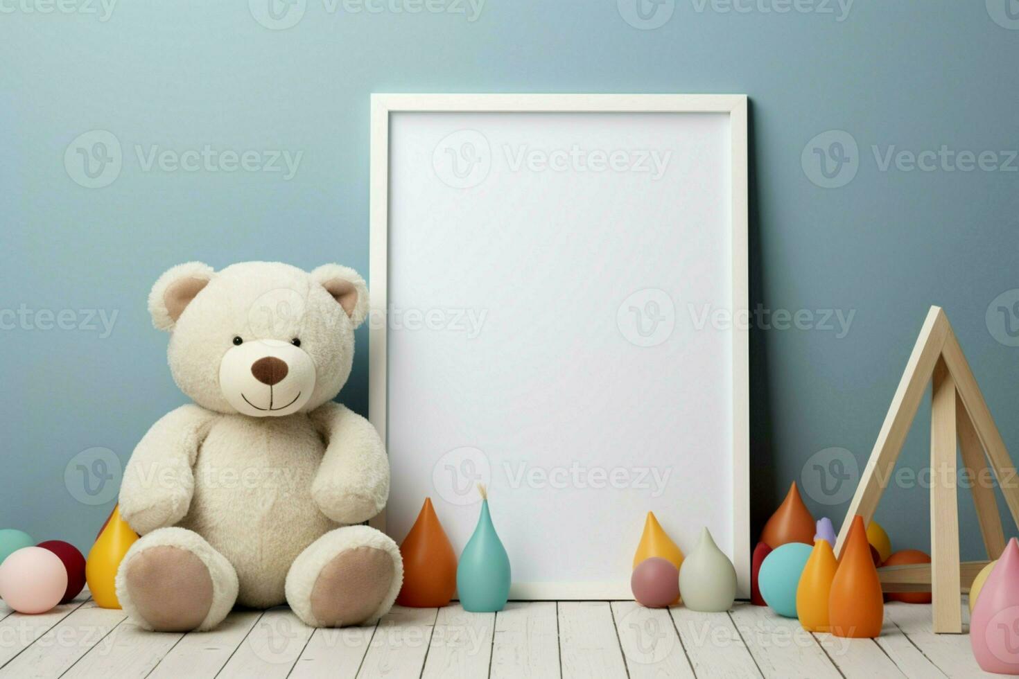 Colorful toys and a teddy bear accentuate a white wooden frames blank mockup AI Generated photo