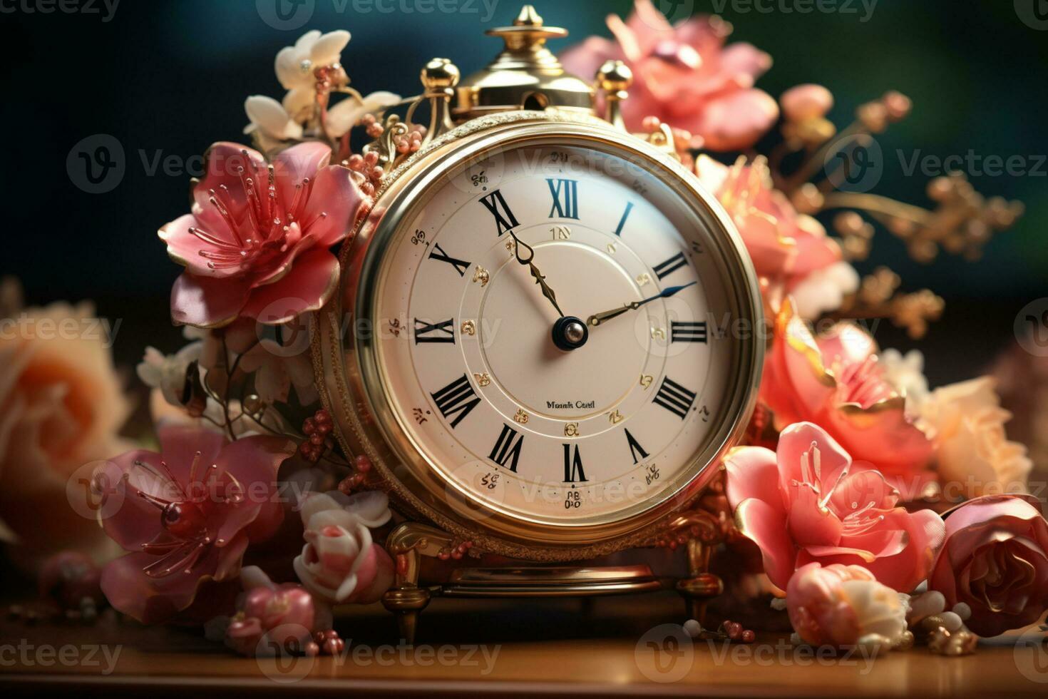 A rose vintage flower background complements the alarm clock beautifully AI Generated photo