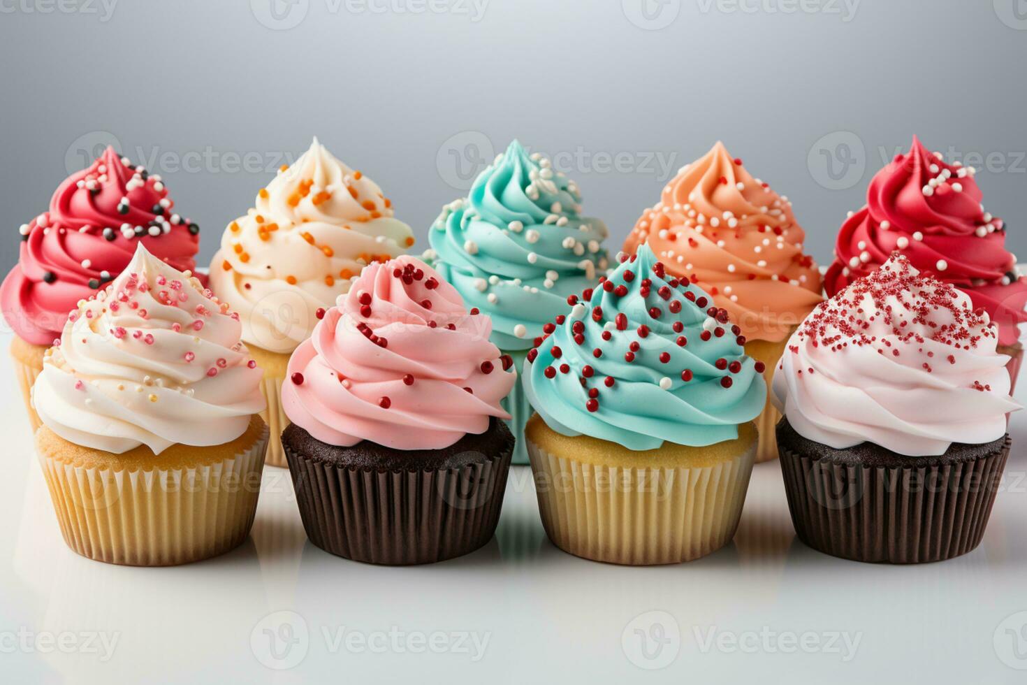 Isolated delight colorful birthday cupcakes aligned in a row against a white backdrop AI Generated photo