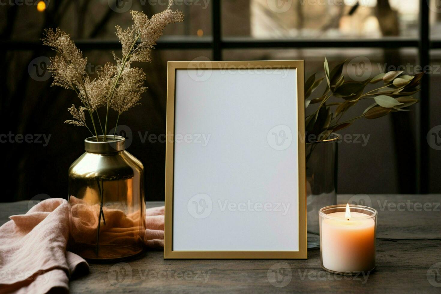 Blank photo frame and a glass jar candle, a tableau of memories AI Generated