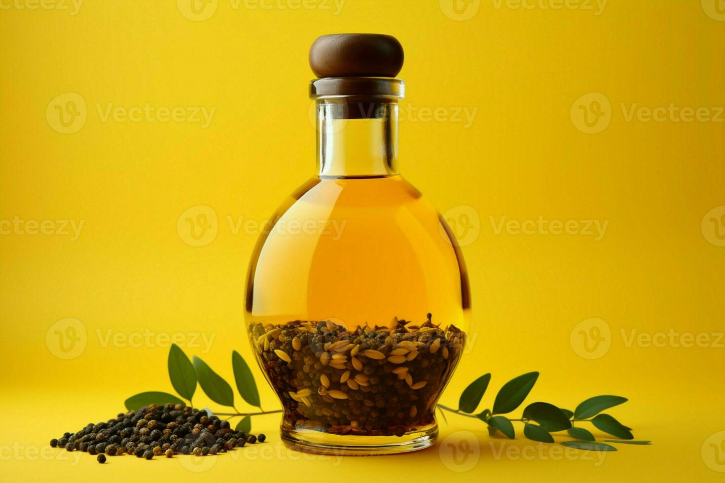 Aromatic spices adorn olive oil bottle on a vibrant yellow background AI Generated photo