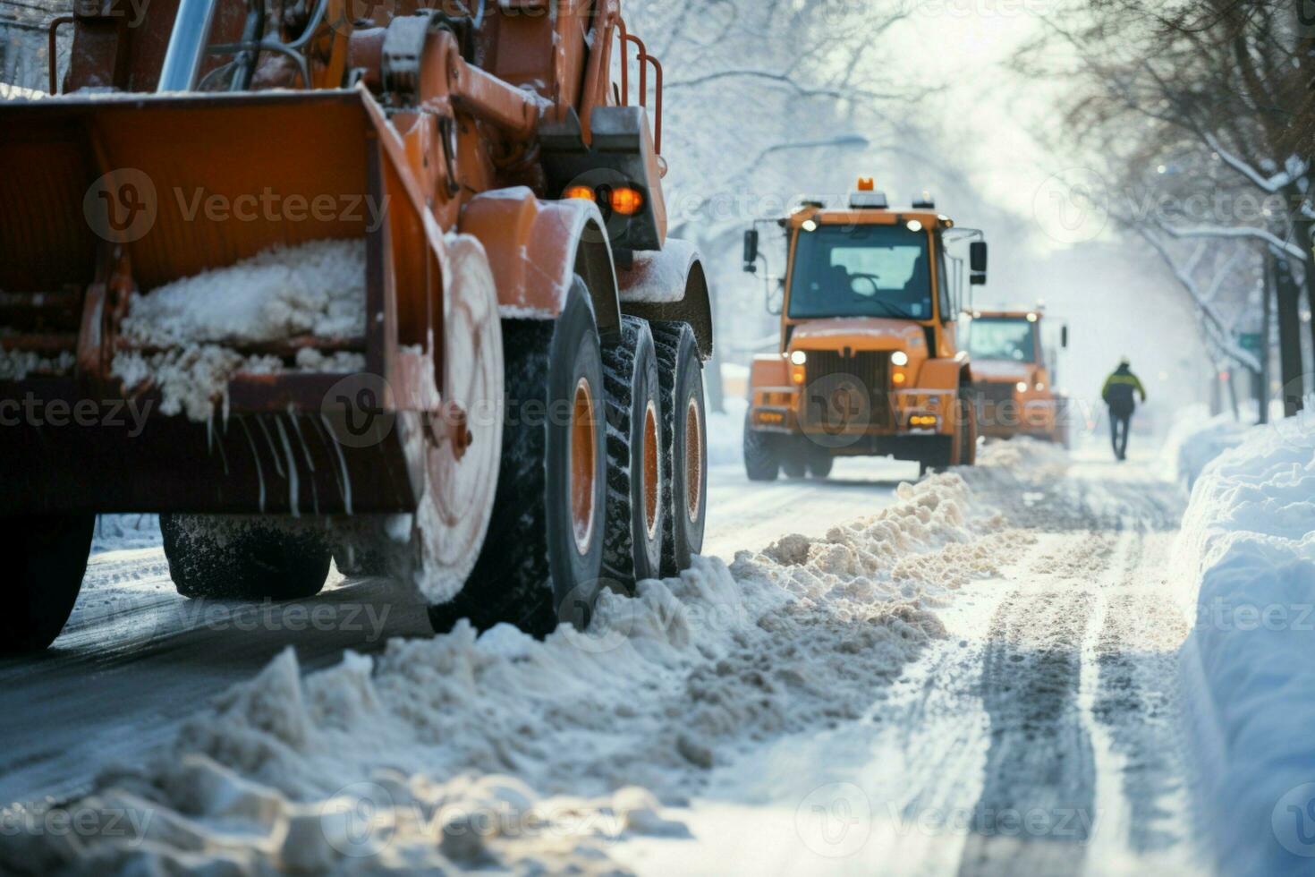 Urban streets transformed as snow removal crew operates machine to clear snow. AI Generated photo