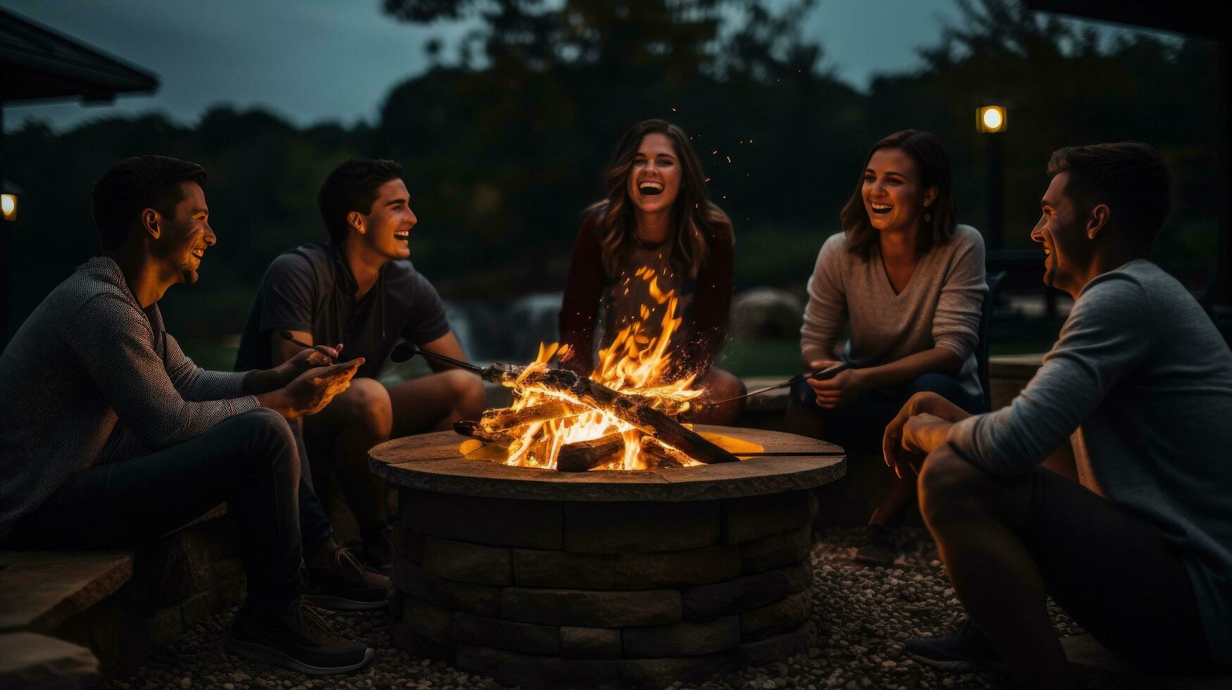 Friends roasting marshmallows by fire pit photo