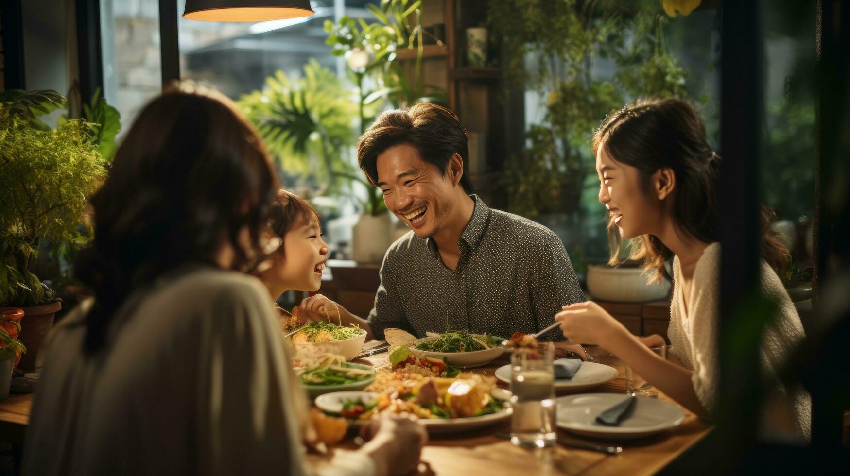 familia reunido alrededor un mesa, sonriente foto