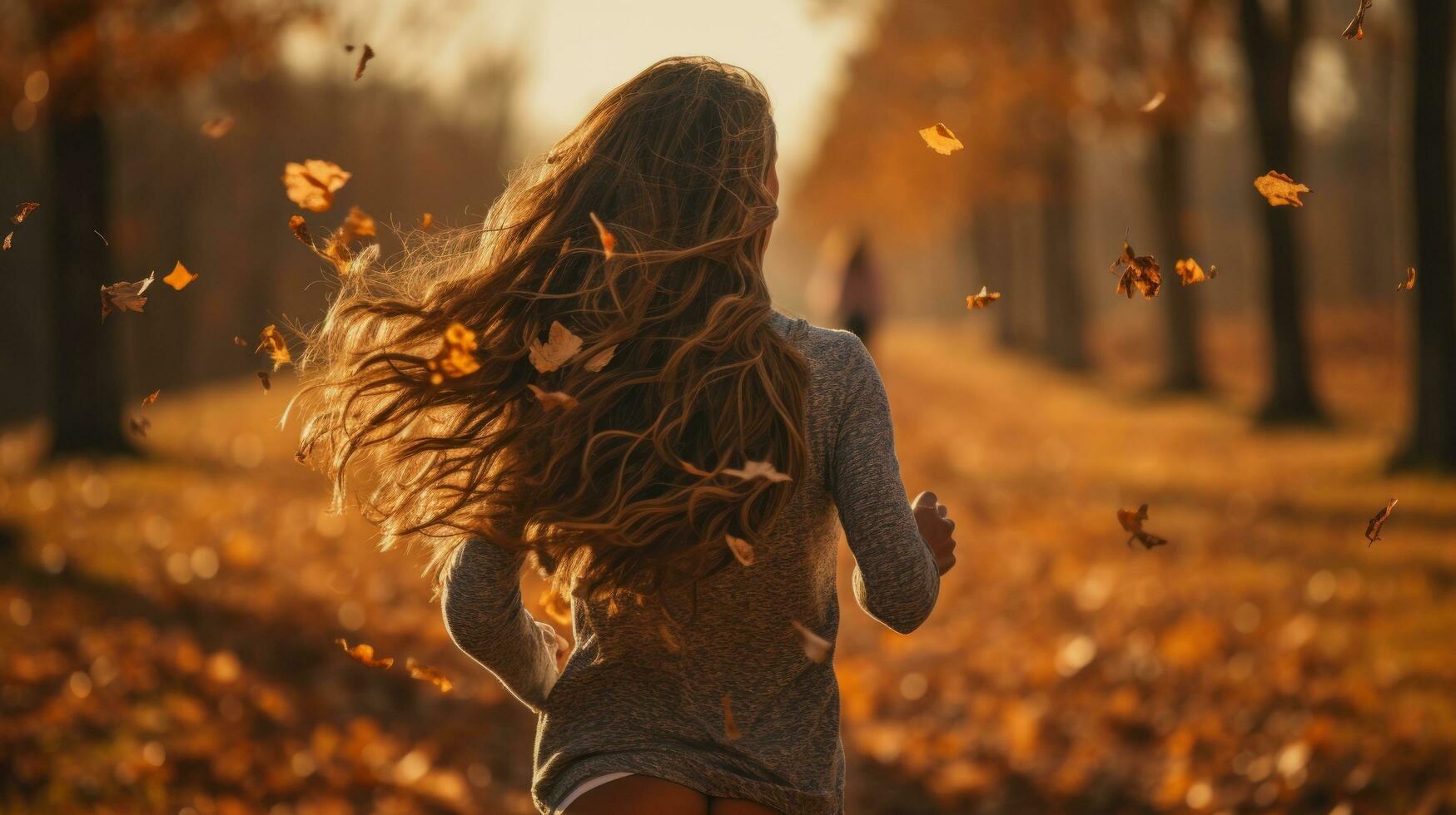 Woman running through field with falling leaves photo