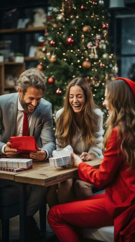 Festive coworkers exchanging Secret Santa gifts photo