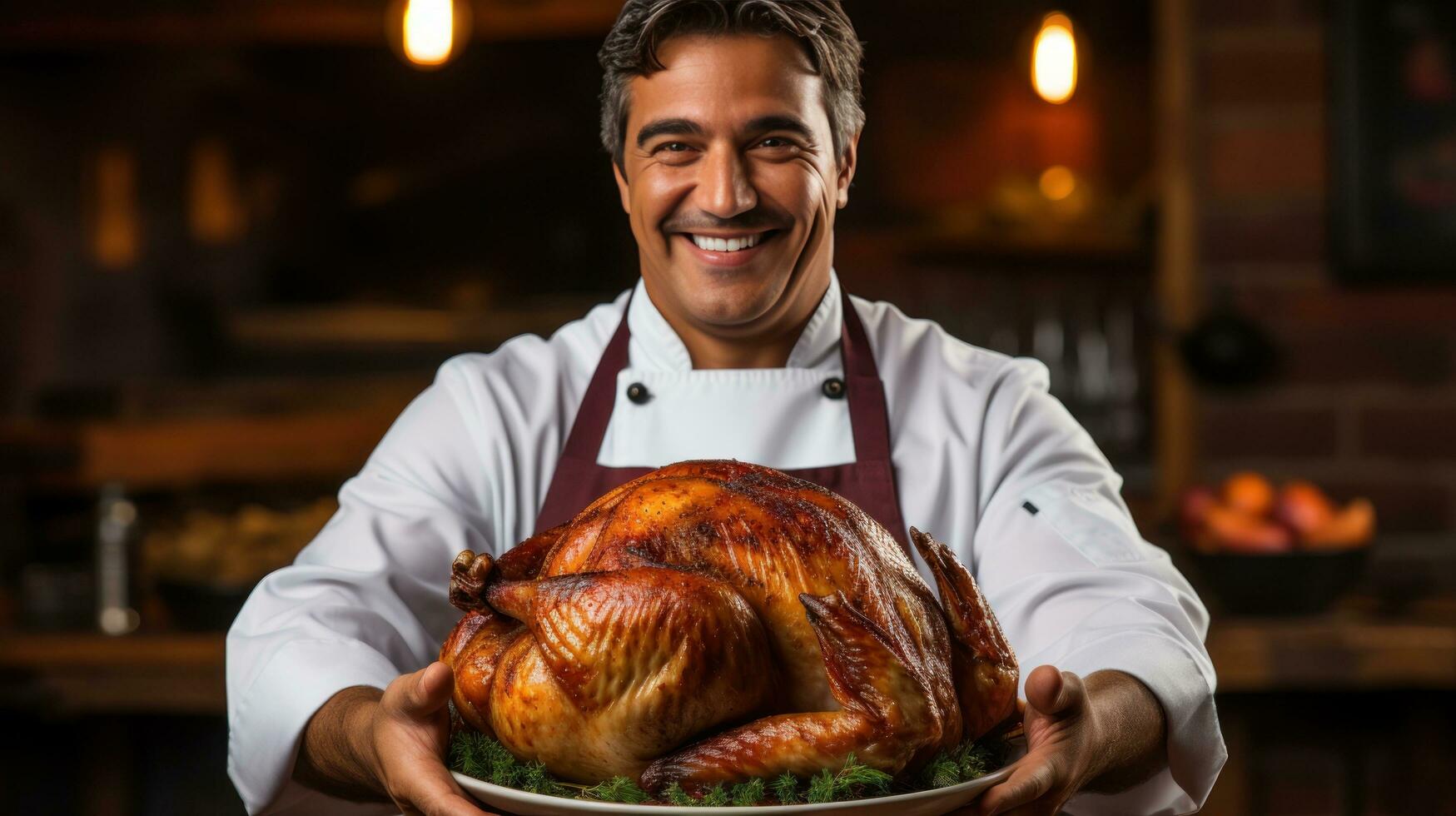 Chef holding turkey with proud expression photo