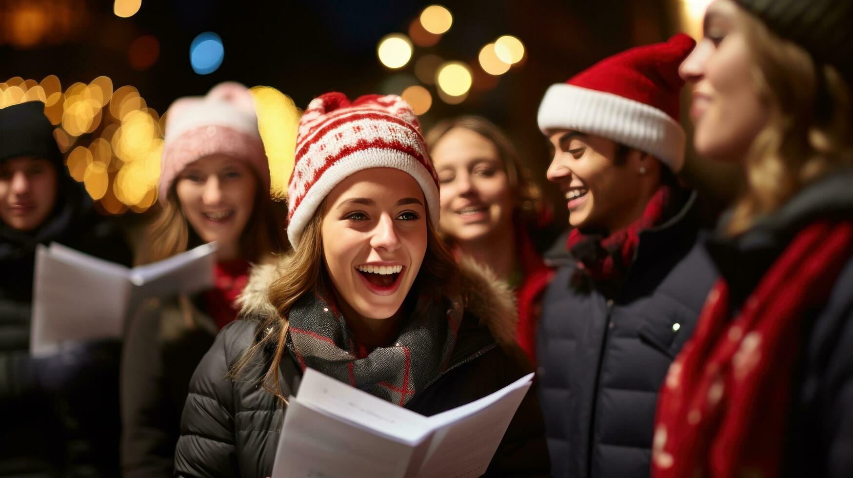 Cheerful group caroling in the neighborhood photo