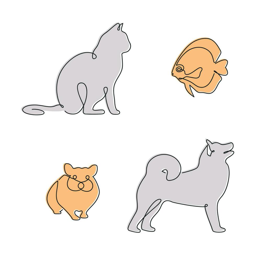 Pets drawn in one continuous line in color. One line drawing, minimalism. Vector illustration.