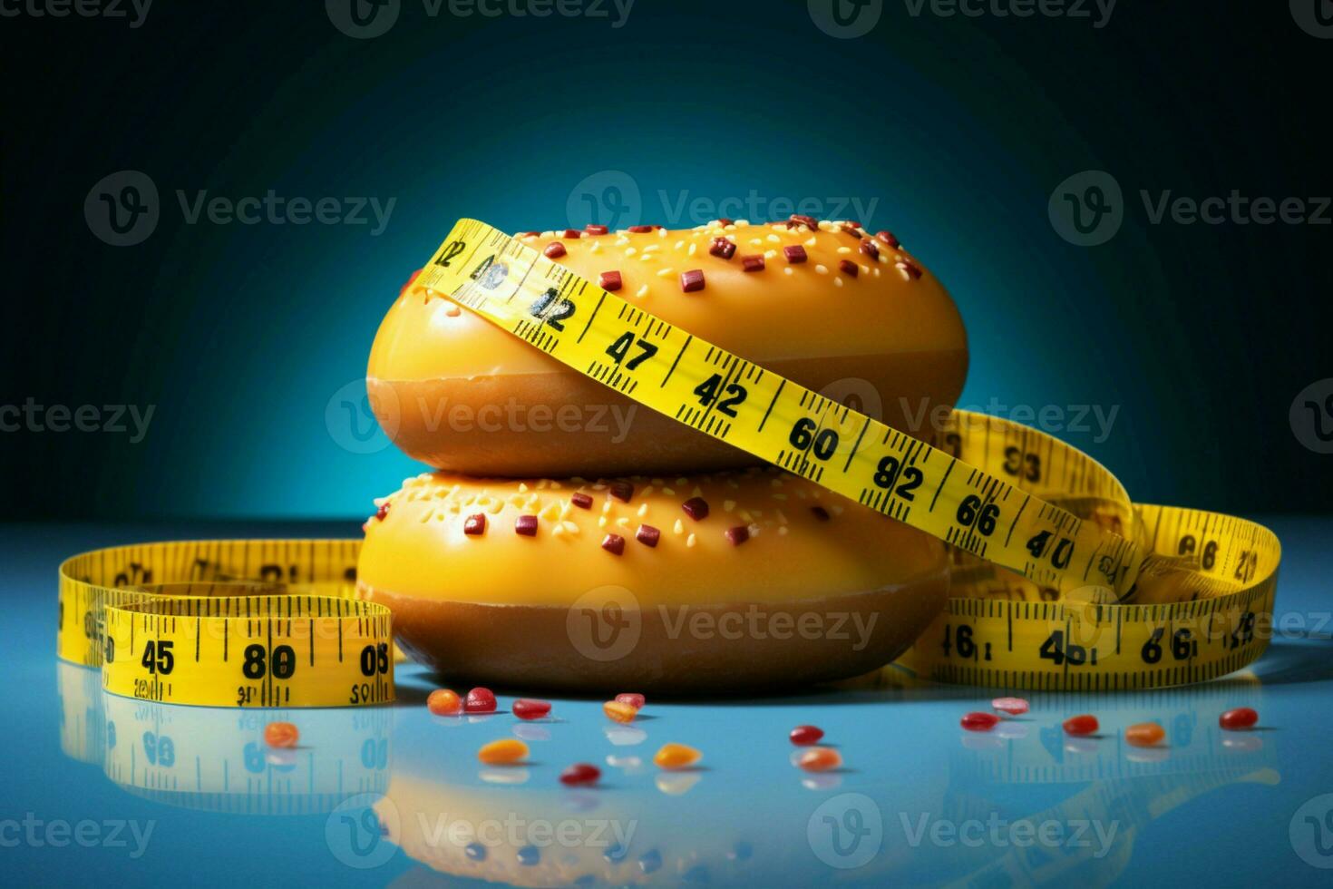 Dietary choice Donut restrained by measuring tape, depicting weight loss intention AI Generated photo